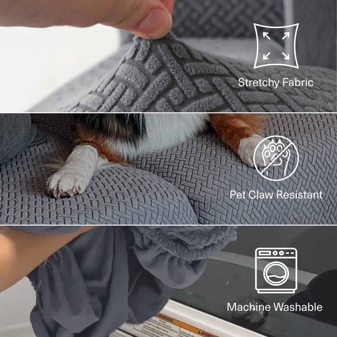 Grey Magic Sofa Cover Classic fabric being stretched, walked on by a dog and put in a washing machine