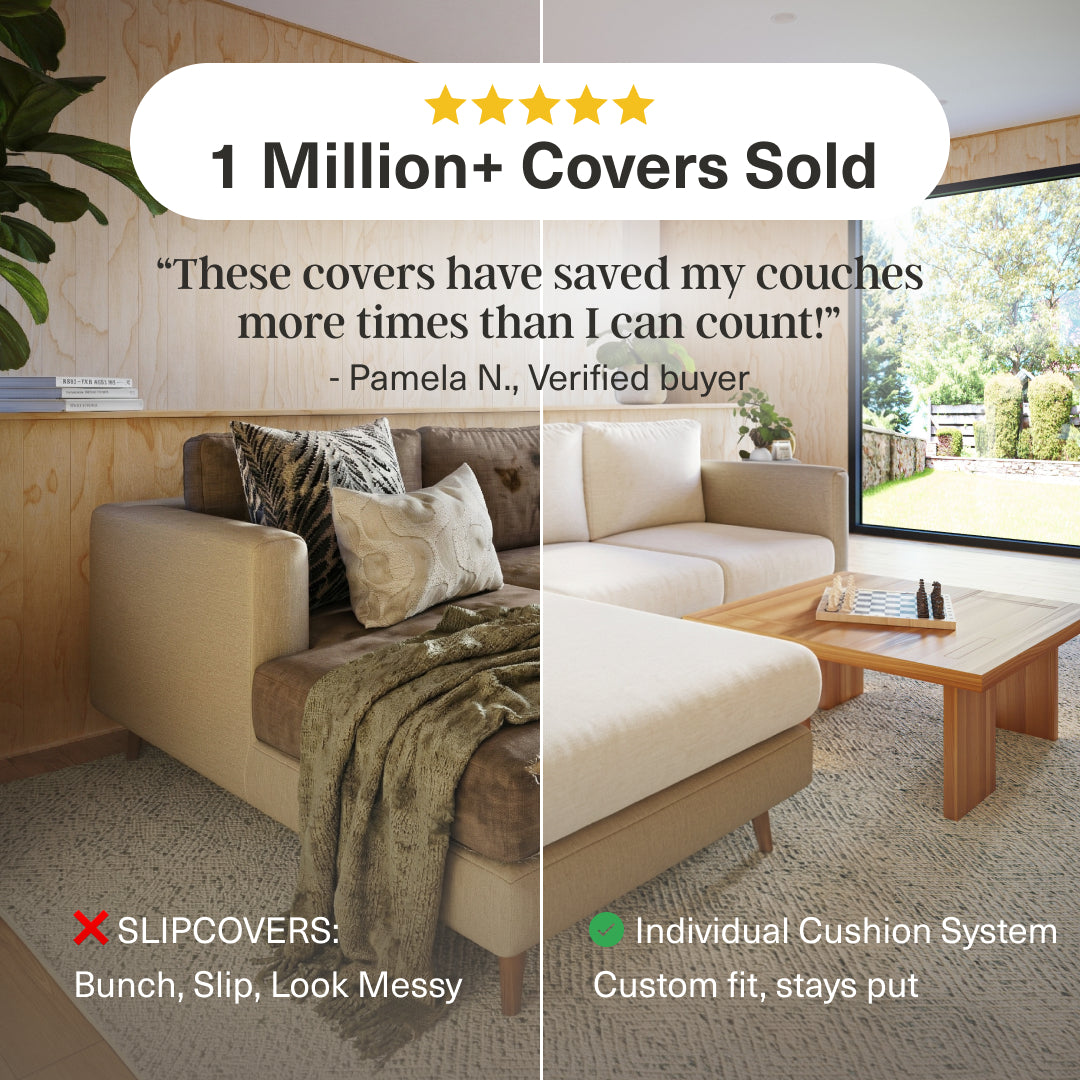 Before and after: a beige sofa under a throw next to the same sectional in Cream Miracle Sofa Cover Plush covers