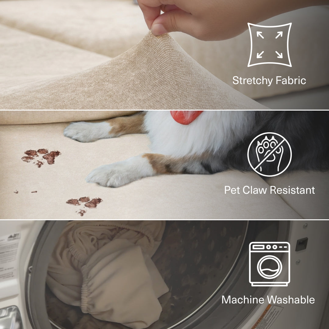 Cream Miracle Sofa Cover Plush fabric being stretched, lain on by a dog and put in a washing machine