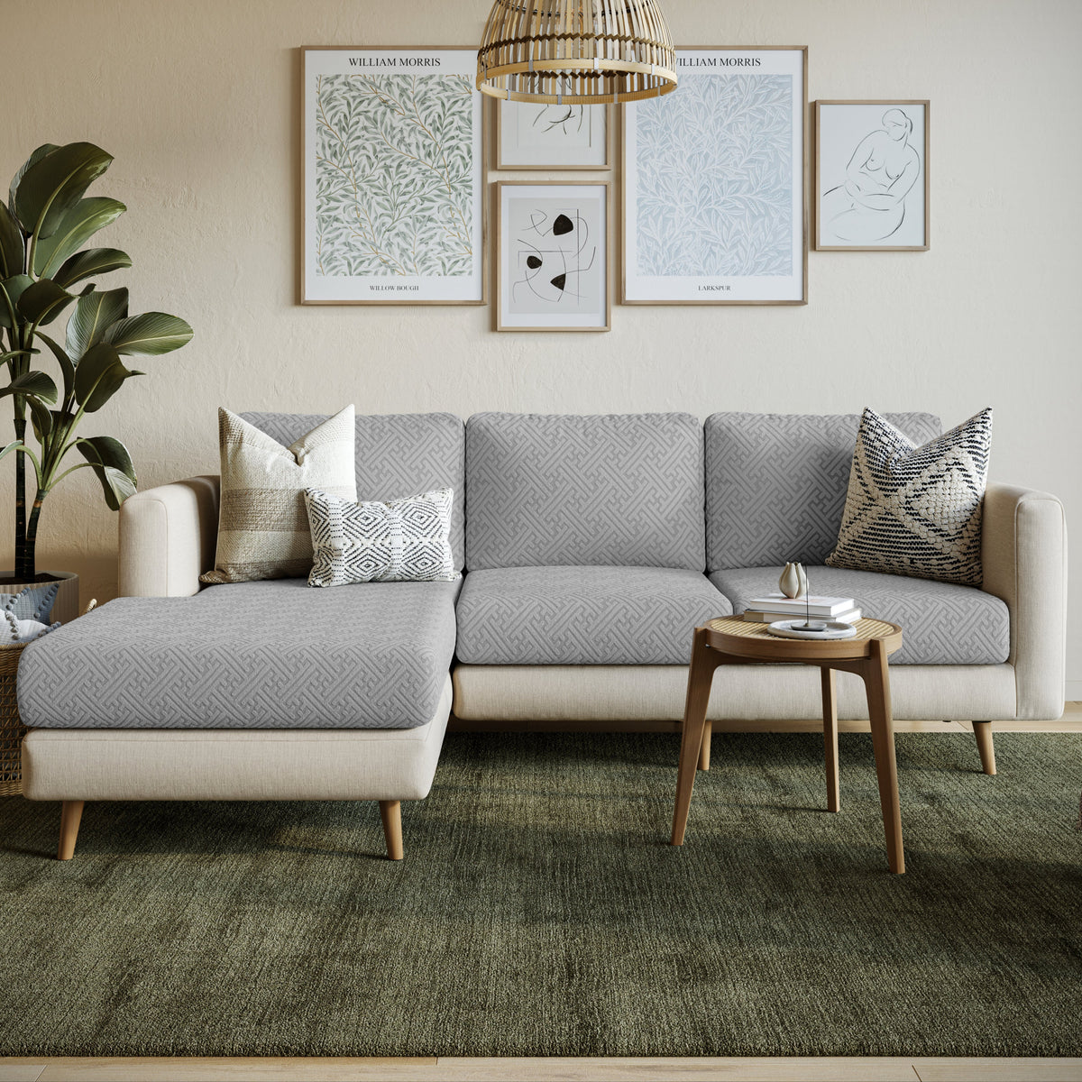 Front view of a cream chaise sectional in light grey Maze pattern Magic Sofa Covers
