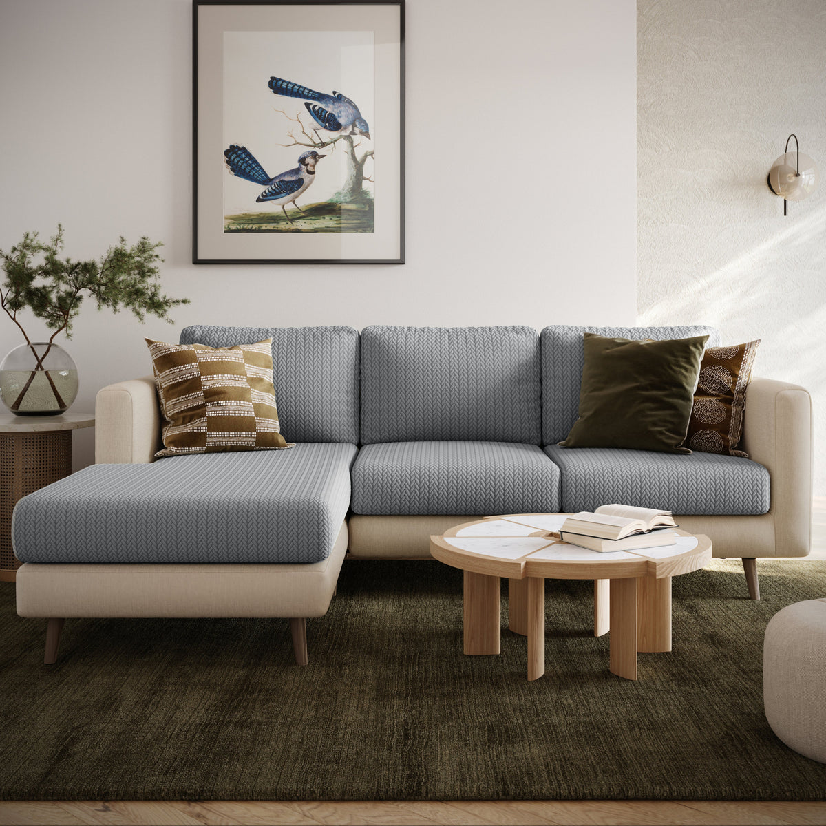 Wheat pattern Magic Sofa Cover in Chrome Grey on a chaise sectional in a living room