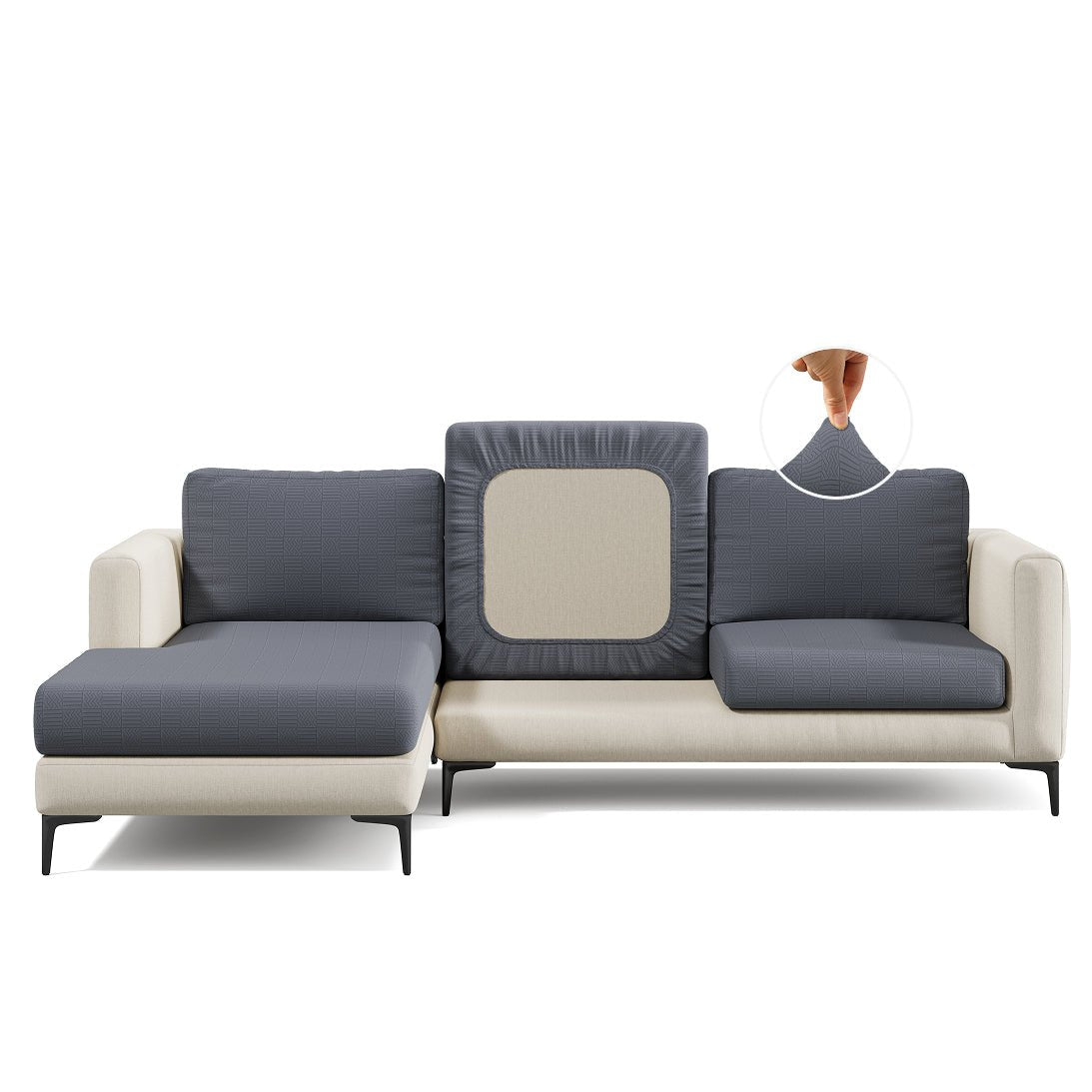 Checkered pattern Magic Sofa Cover in Charcoal Grey on a sectional sofa, white background