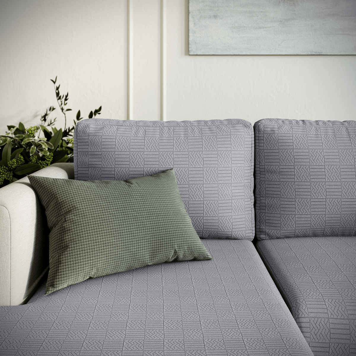 Detail of a Checkered pattern Magic Sofa Cover in Chrome Grey on a sofa cushion