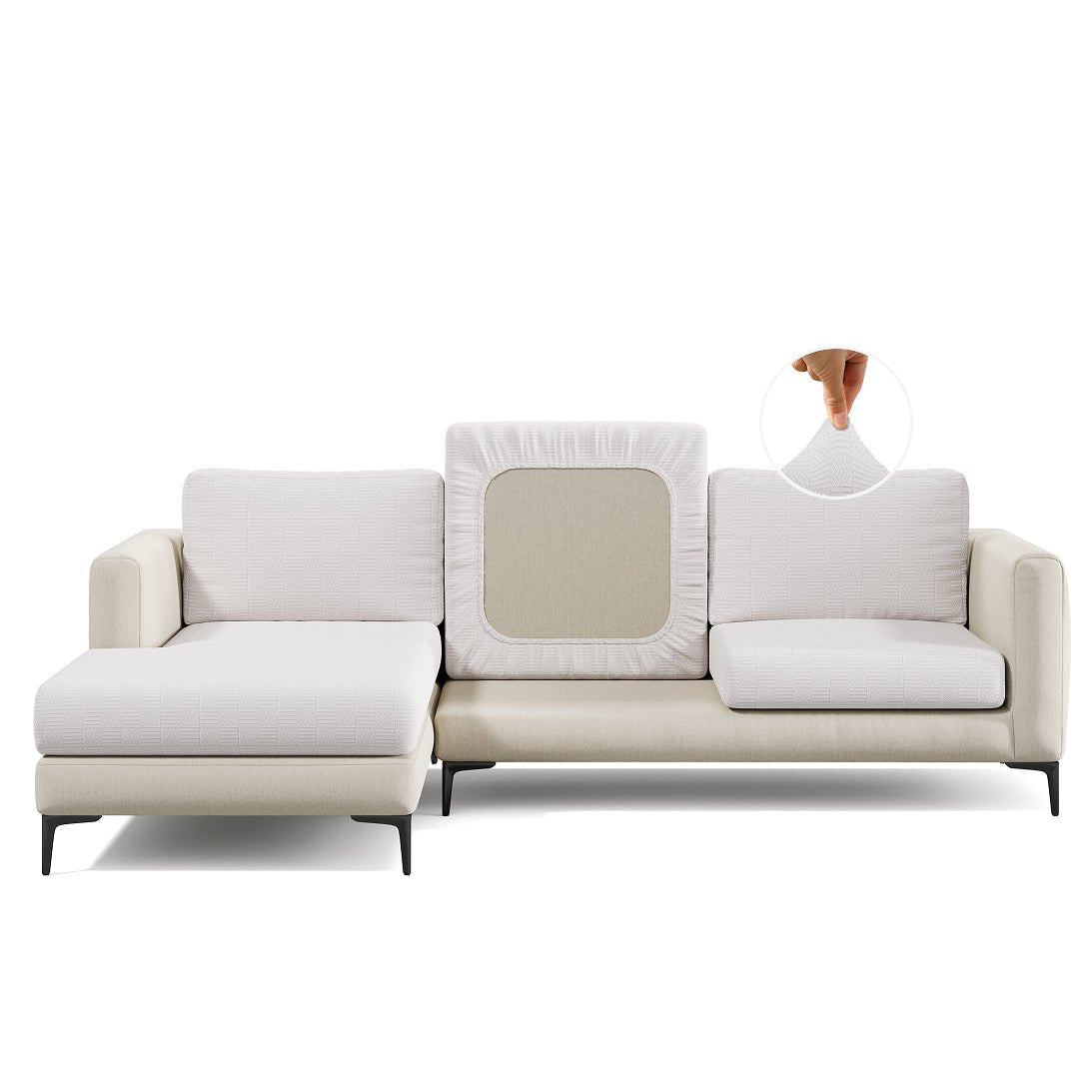 Checkered pattern Magic Sofa Cover in Ivory Beige on a sectional sofa, white background