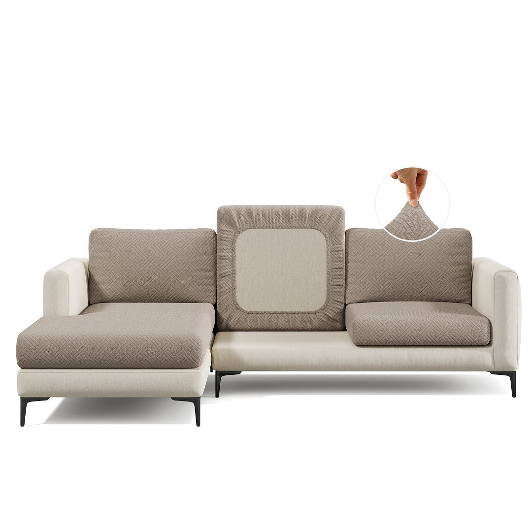 Maze pattern Magic Sofa Cover in Camel Brown on a sectional sofa, white background