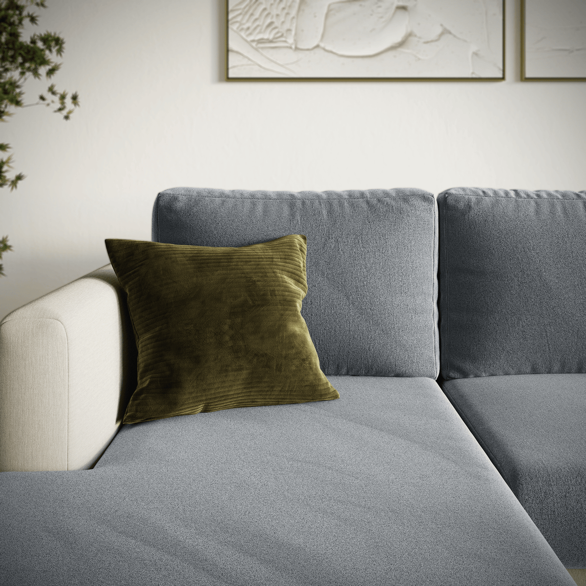 Detail of a Magic Sofa Cover Modern in Ash Grey on a sofa cushion