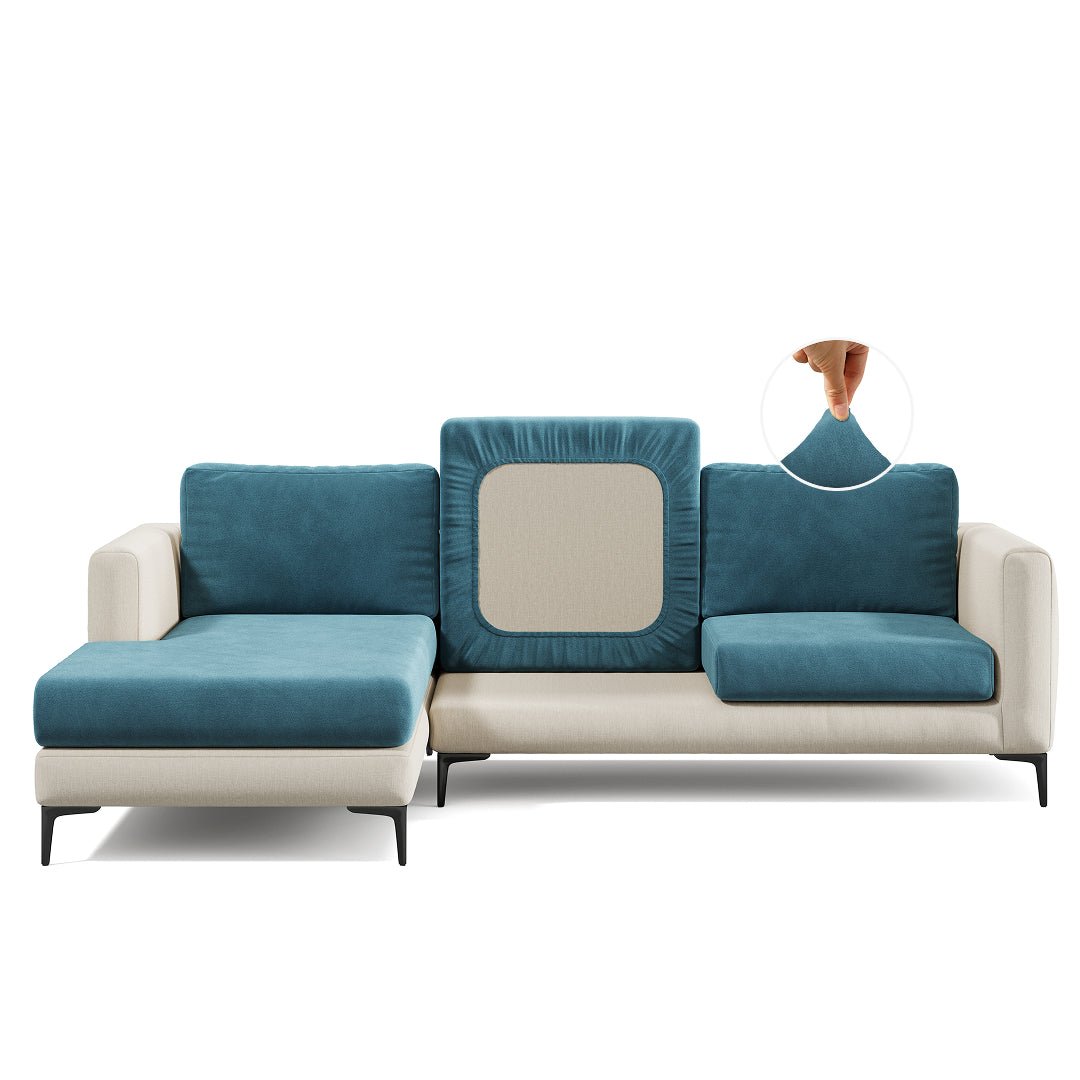 Magic Sofa Cover Modern in Teal Blue on a sectional sofa, white background