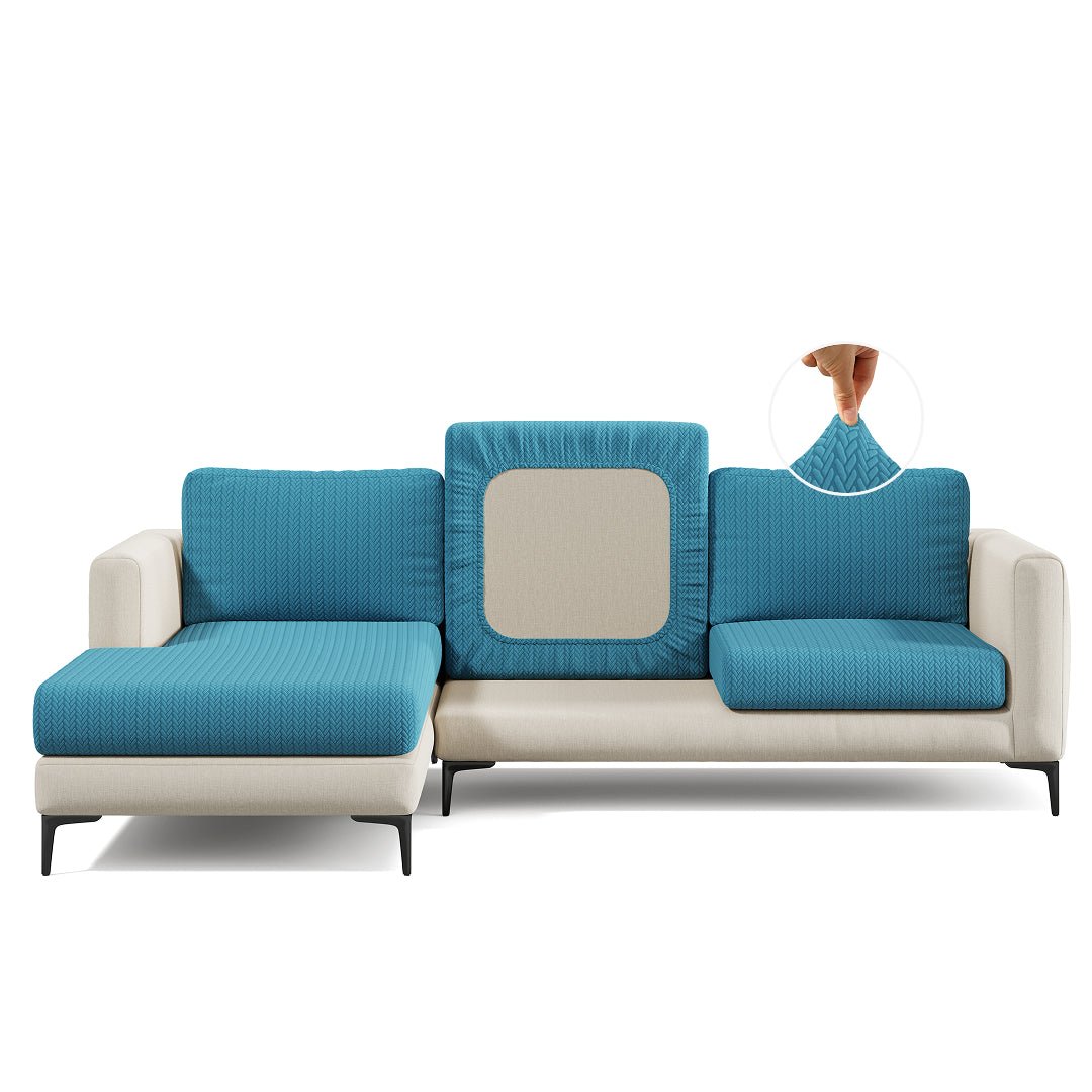 Wheat pattern Magic Sofa Cover in Aqua Blue on a sectional sofa, white background