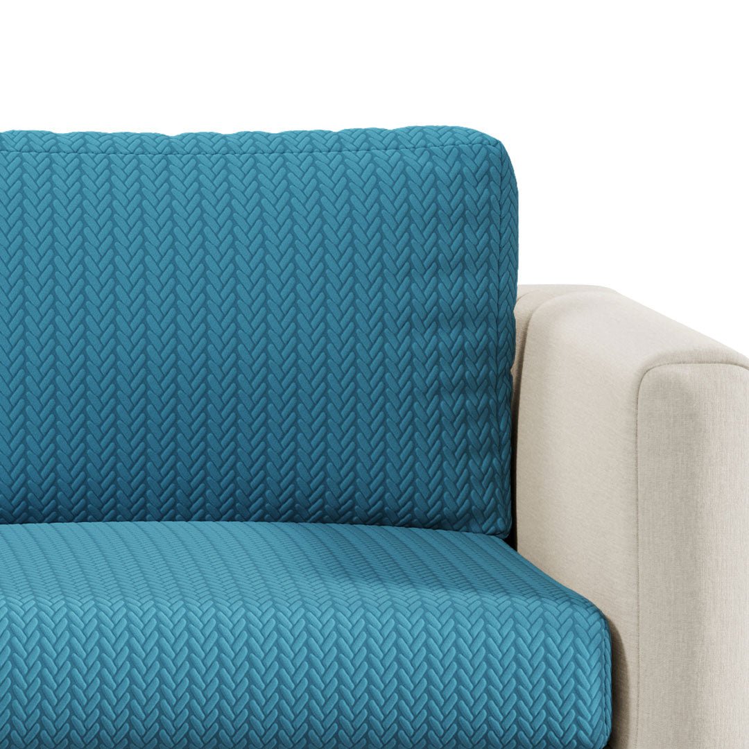 Close-up of Wheat pattern Magic Sofa Cover fabric in Aqua Blue