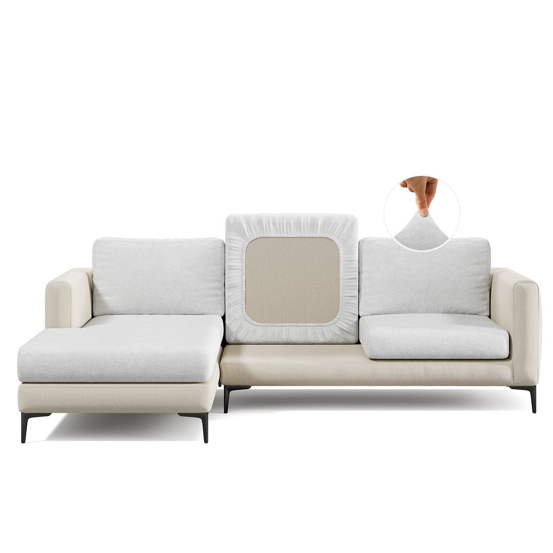 Smore faux suede Miracle Sofa Cover in Earl Grey on a sectional sofa, white background