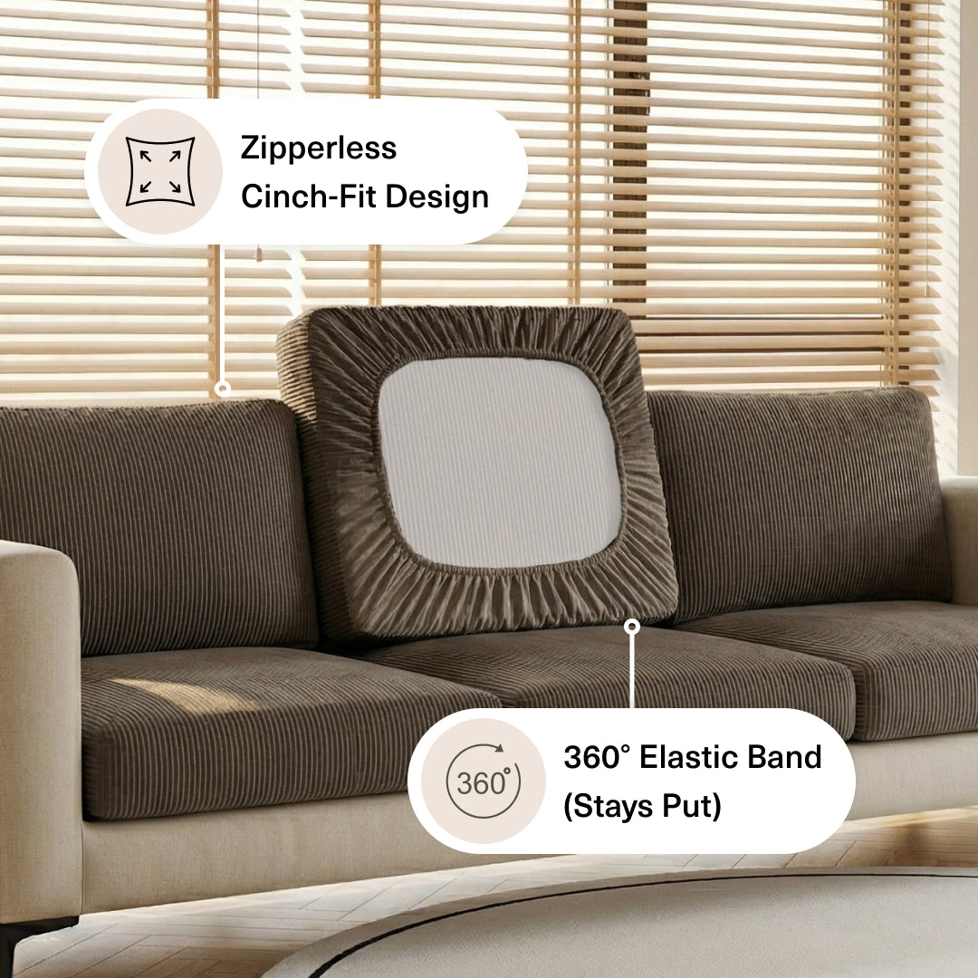 Miracle Sofa Cover Corduroy seat cover flipped to show its elastic underside and zipperless cinch fit
