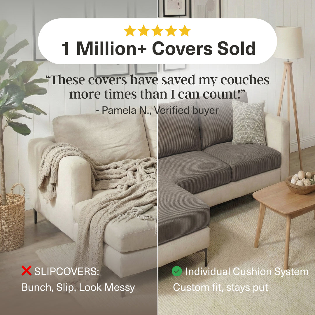 Before and after: a beige sectional under a throw next to the same sectional in Miracle Sofa Cover Corduroy covers