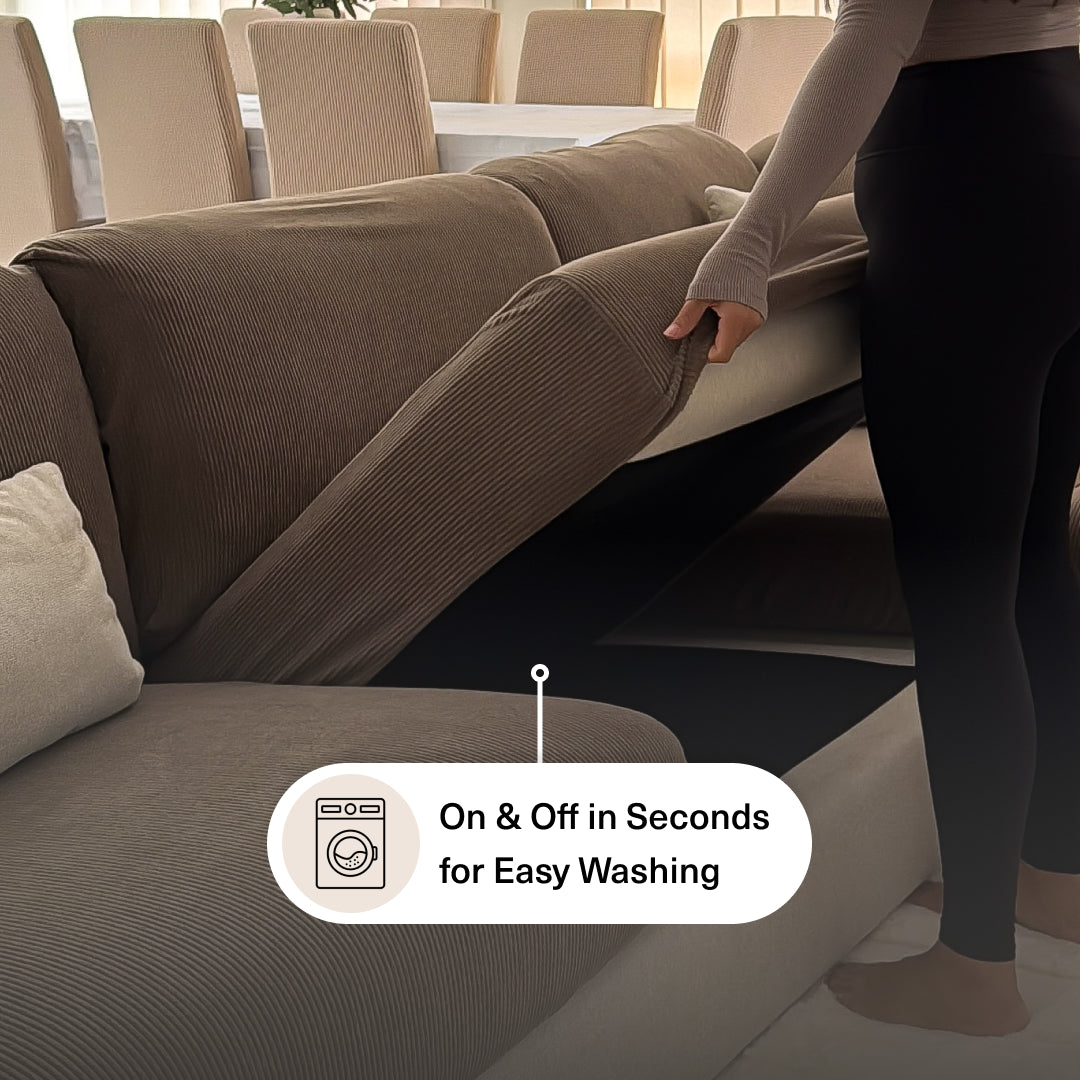 Woman pulling a taupe Miracle Sofa Cover Corduroy off a sectional cushion for washing