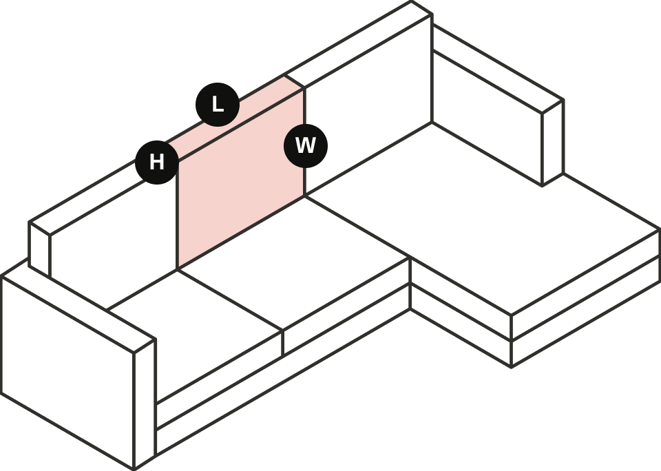 Sofa drawing with one back cushion shaded. L is its length, W its width and H its height.