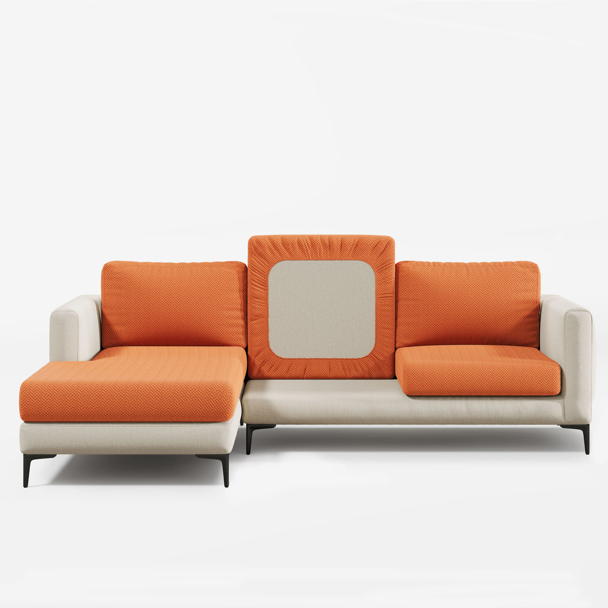 Magic Sofa Cover Classic in Orange on a cream chaise sectional, with one back cover lifted to show its elastic edge