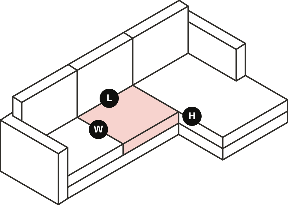 Sofa drawing with one seat cushion shaded. L is its length, W its width and H its height.