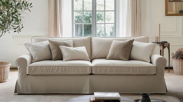 Beige slipcovered sofa with cushions in a bright living room with a tall window