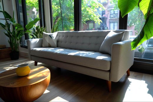 Light grey tufted sofa in a sunlit living room with plants and a round wooden coffee table