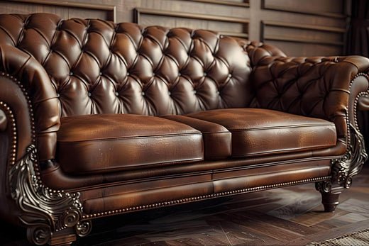 Tufted brown leather sofa with nailhead trim and carved wooden details in a wood-panelled room