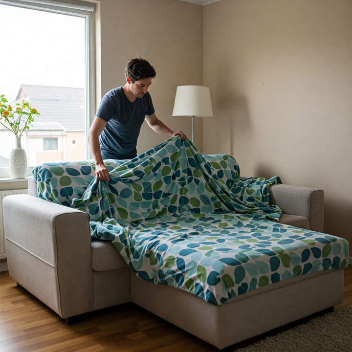 Man spreading a blue and green patterned cover over a beige chaise sectional in a living room