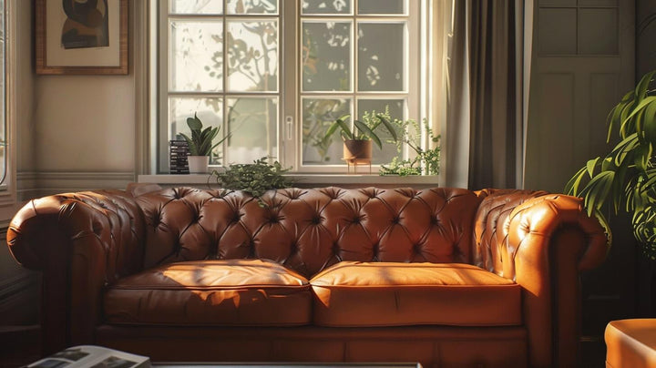 Tan leather Chesterfield sofa in a sunlit living room with potted plants on the windowsill