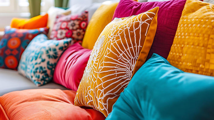 Close-up of colorful throw pillows in teal, mustard, pink and orange on a sofa