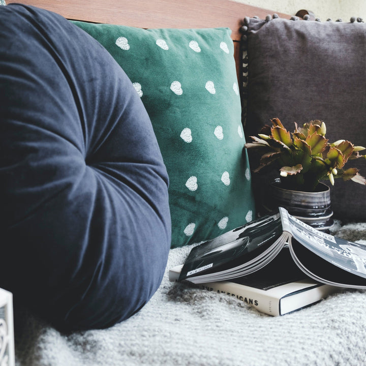 Round navy cushion, green heart-print pillow and grey pillow on a knit throw with a plant and books