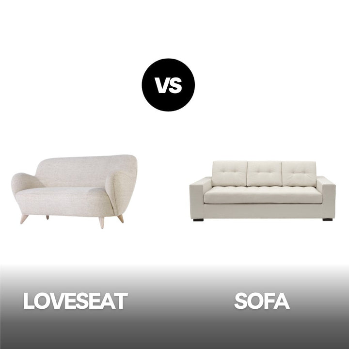 Loveseat vs sofa graphic with a cream curved loveseat and a cream tufted three-seat sofa