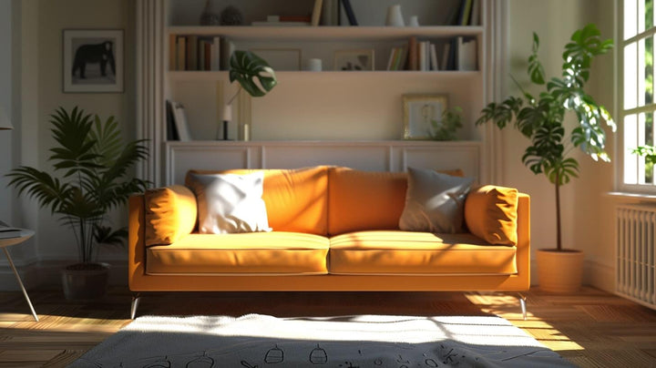 Orange couch with white and grey pillows in a sunlit living room with bookshelves