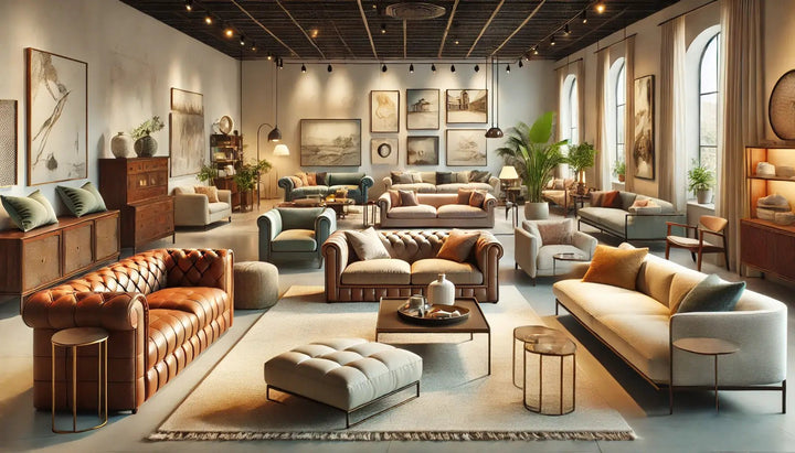 Showroom with different sofa styles, including a leather Chesterfield, a cream modern sofa and armchairs