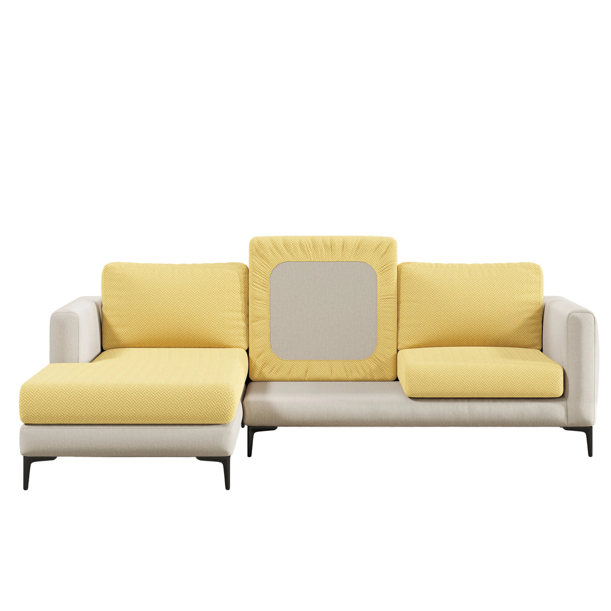 Magic Sofa Cover Classic in Yellow on a chaise sectional, with one back cover turned to show its elastic opening