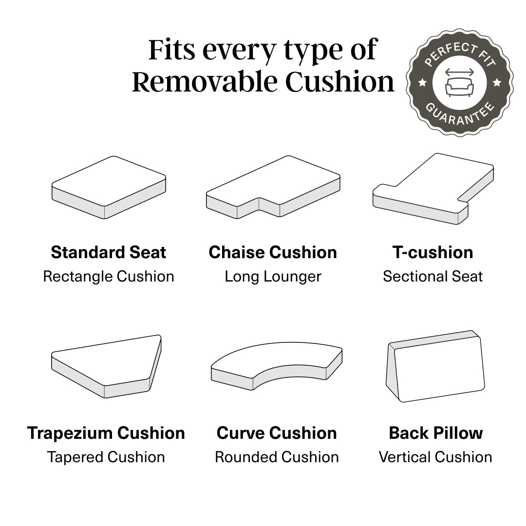 Diagram of the six cushion shapes our sofa covers fit, from standard seat and chaise to T-cushion and back pillow
