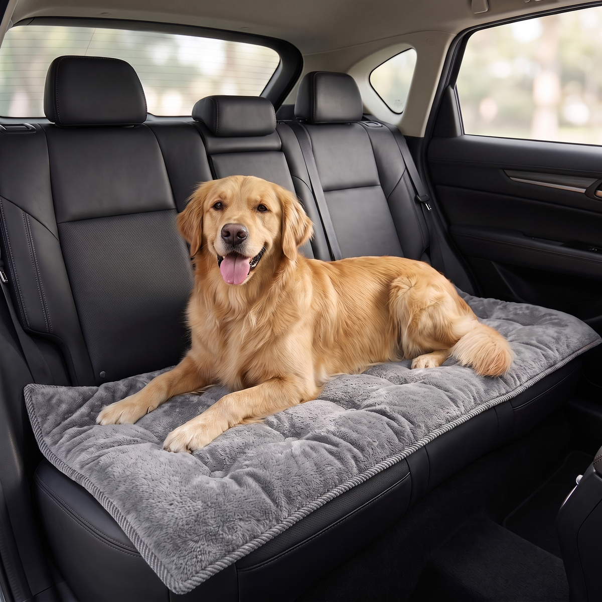 Room: the mat on a car back seat with a dog