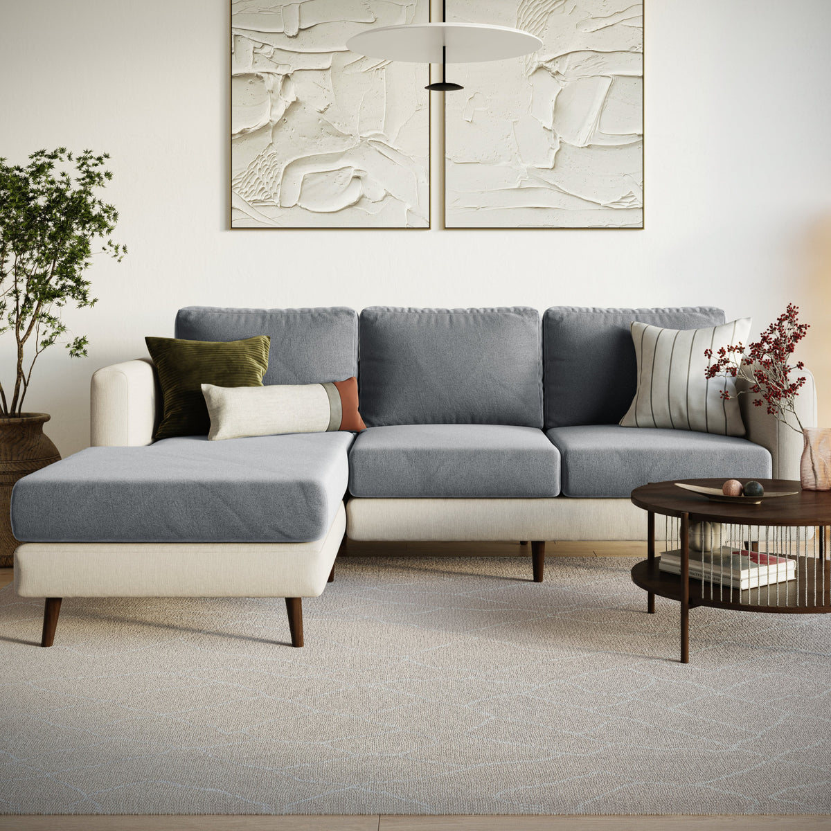 Front view of a cream chaise sectional in grey Magic Sofa Cover Modern covers