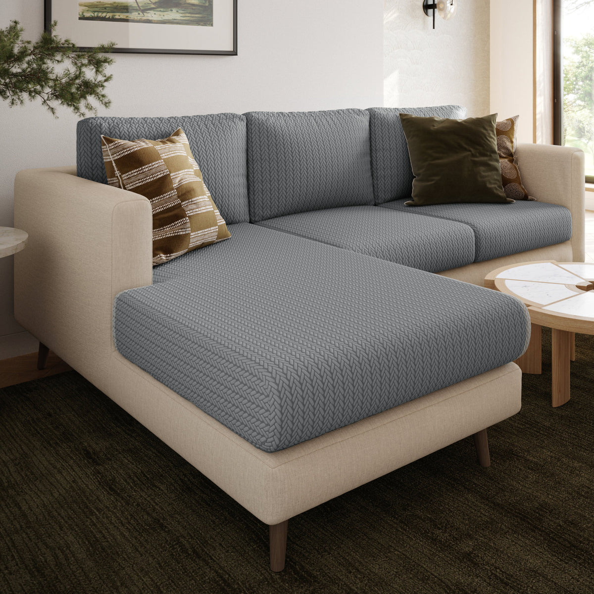 Wheat pattern Magic Sofa Cover in Chrome Grey on a chaise sectional in a living room