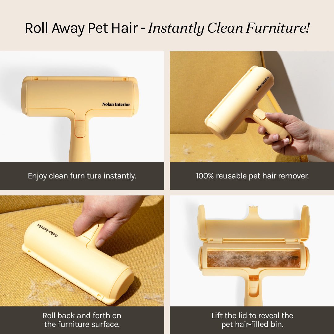Four steps of the Magic Pet Hair Remover: the tool, rolling a chair seat and emptying the hair bin