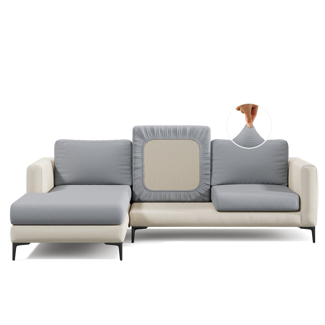 Checkered pattern Magic Sofa Cover in Chrome Grey on a sectional sofa, white background