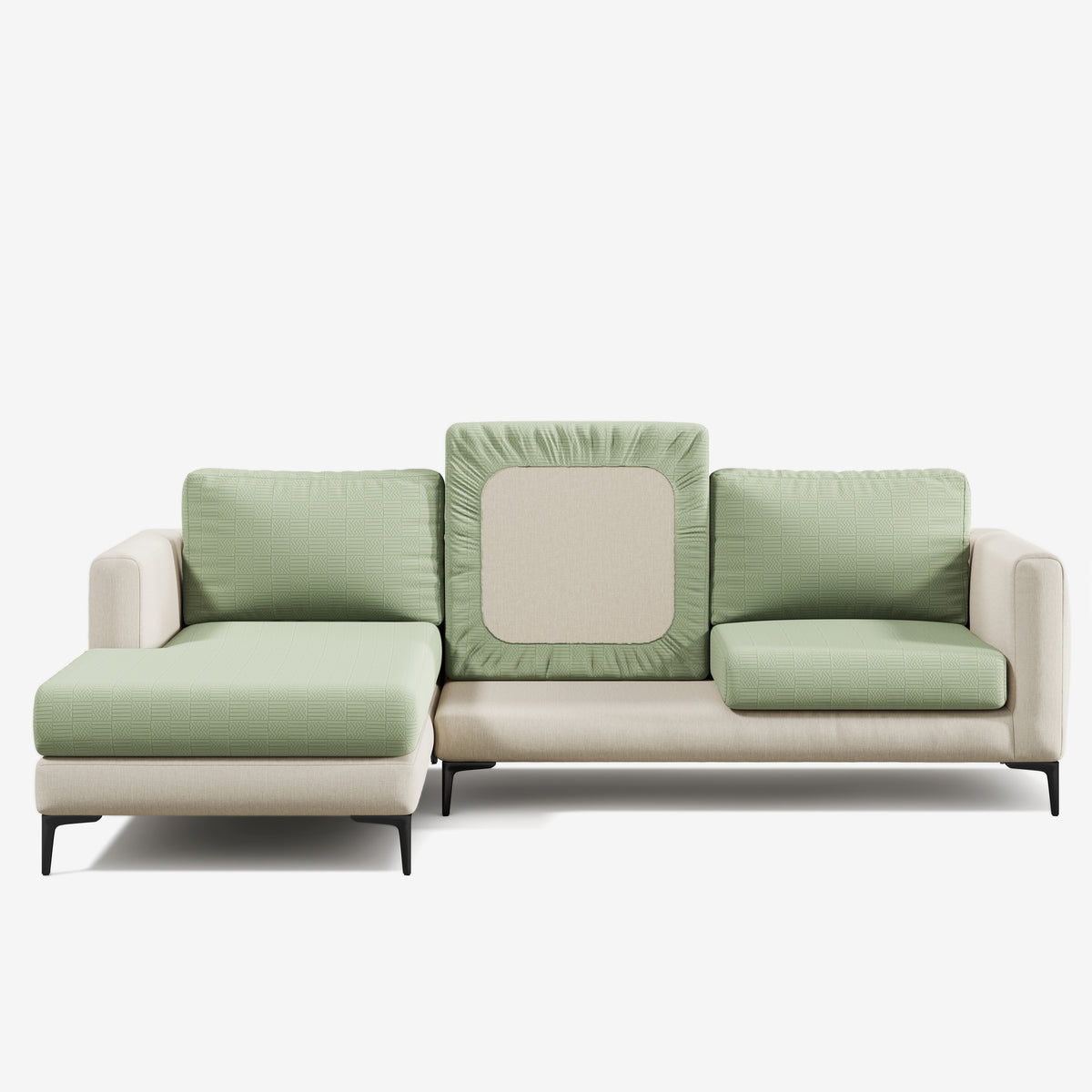 Checkered pattern Magic Sofa Cover in Sage Green on a sectional sofa, white background