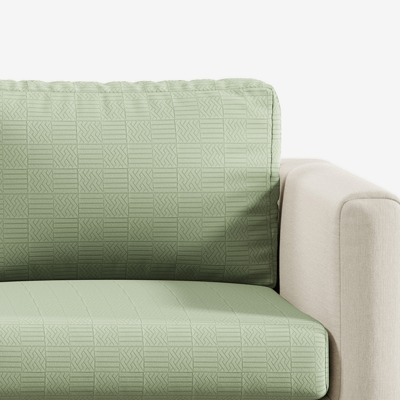Close-up of Checkered pattern Magic Sofa Cover fabric in Sage Green