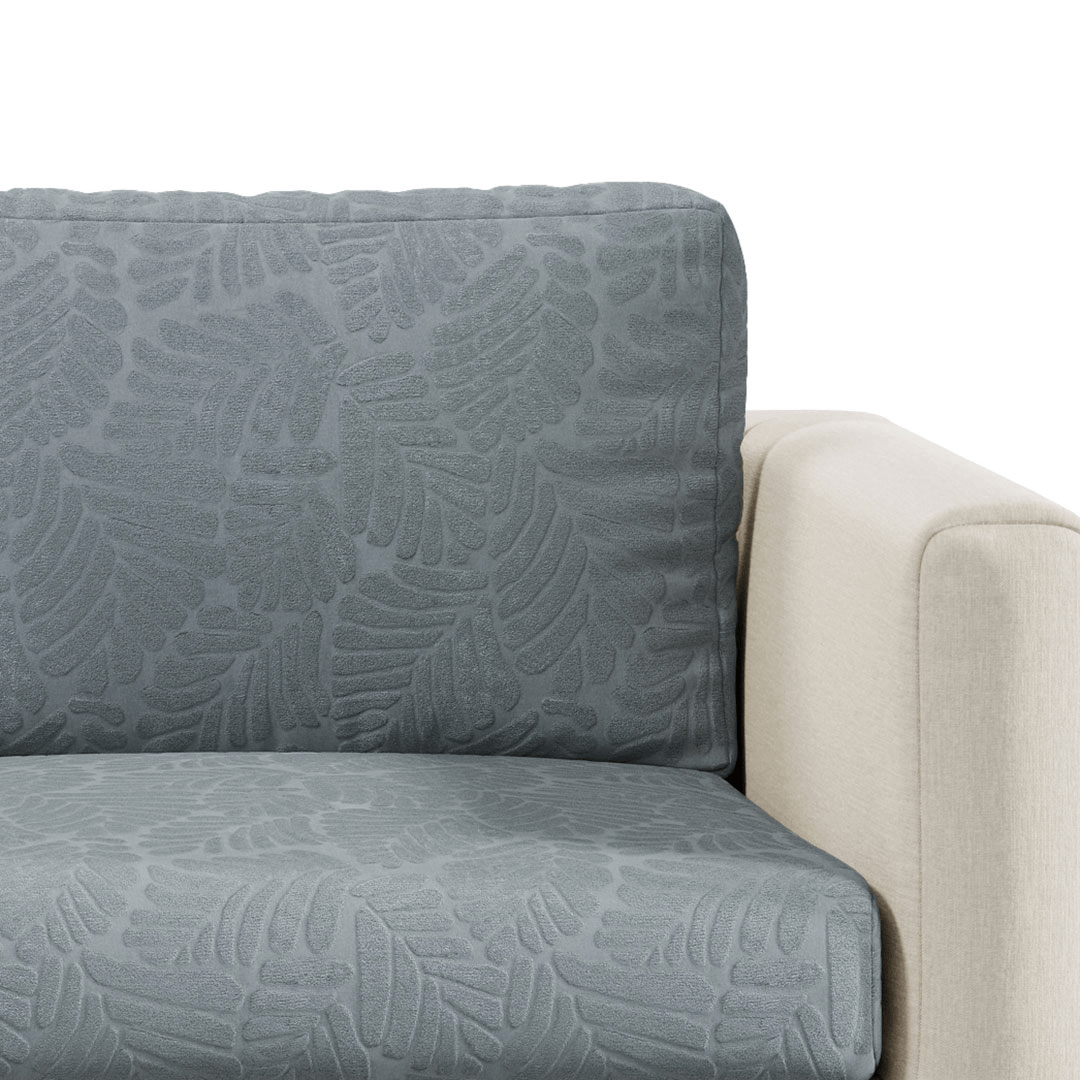 Close-up of Leaf pattern Magic Sofa Cover fabric in Chrome Grey