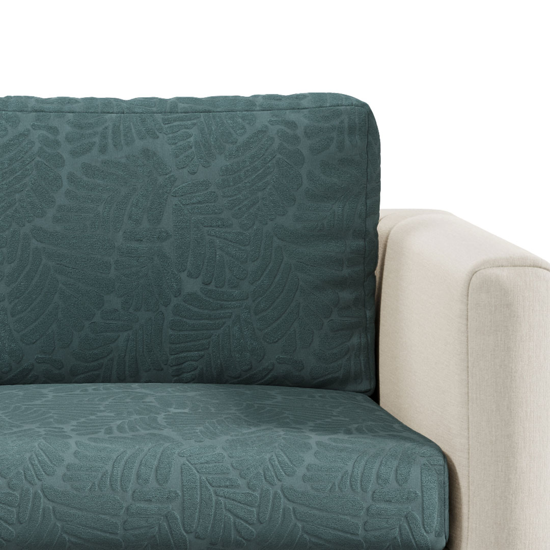 Close-up of Leaf pattern Magic Sofa Cover fabric in Cypress Green