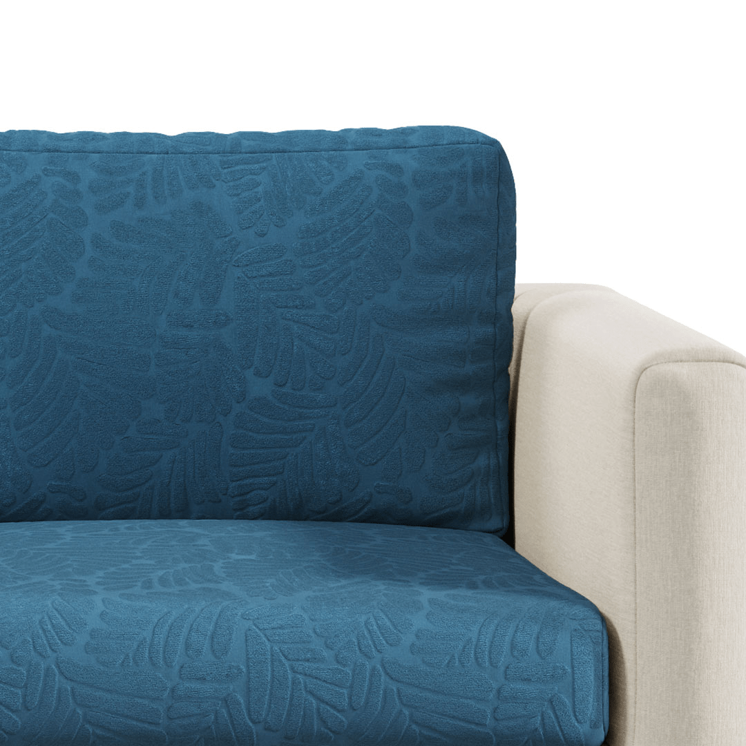 Close-up of Leaf pattern Magic Sofa Cover fabric in Steel Blue