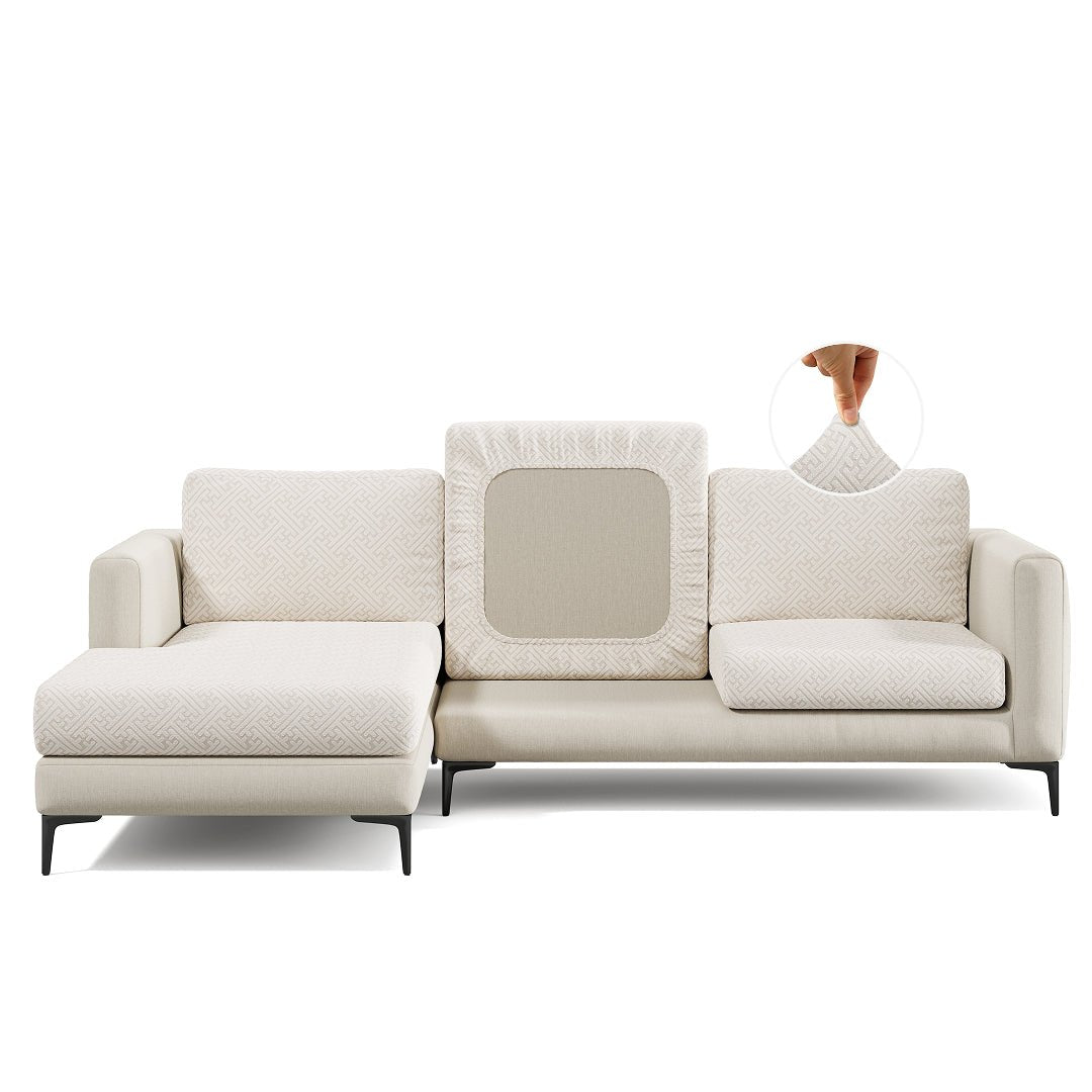Maze pattern Magic Sofa Cover in Ivory Beige on a sectional sofa, white background