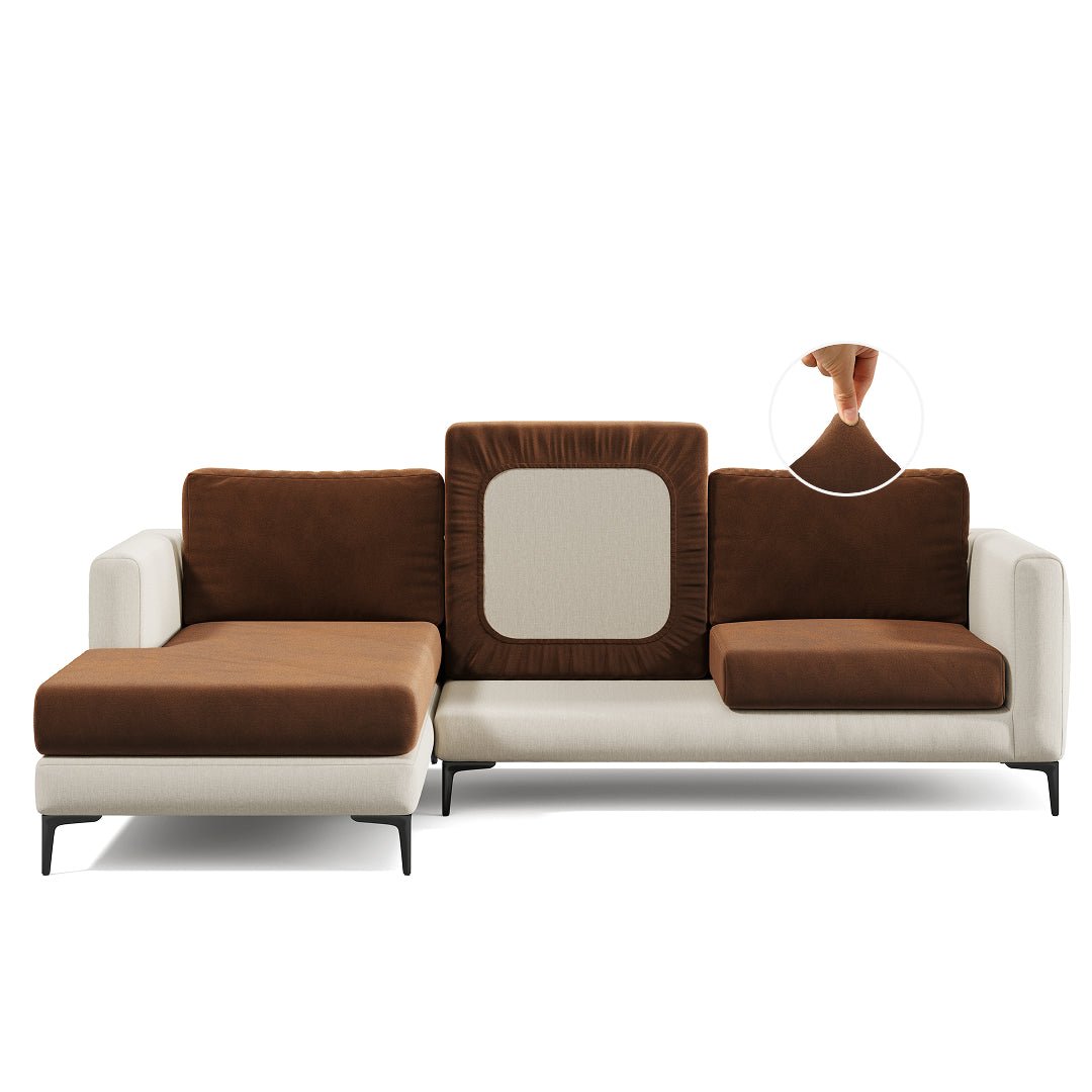Magic Sofa Cover Modern in Oak Brown on a sectional sofa, white background