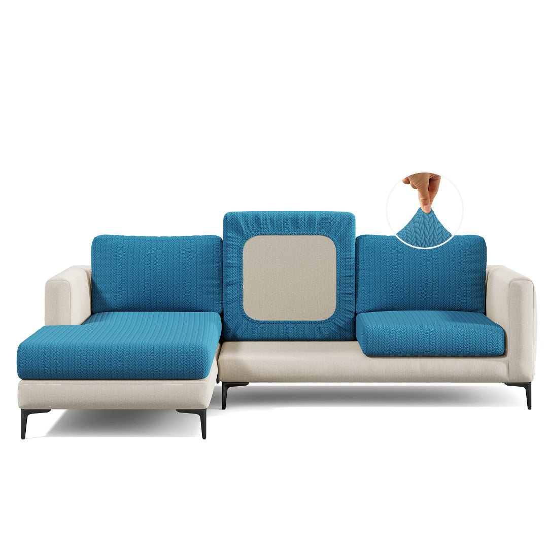 Wheat pattern Magic Sofa Cover in Steel Blue on a sectional sofa, white background