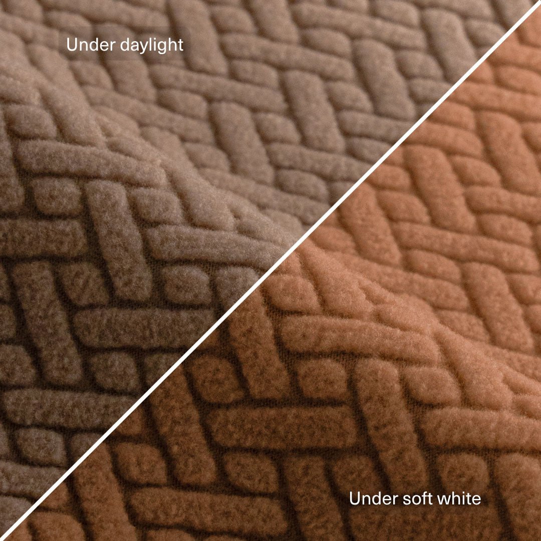 Classic pattern Magic Sofa Swatch fabric in Camel Brown, compared under daylight and soft white light