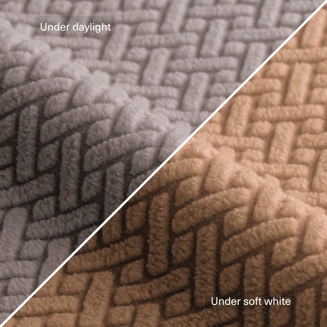 Classic pattern Magic Sofa Swatch fabric in Chrome Grey, compared under daylight and soft white light