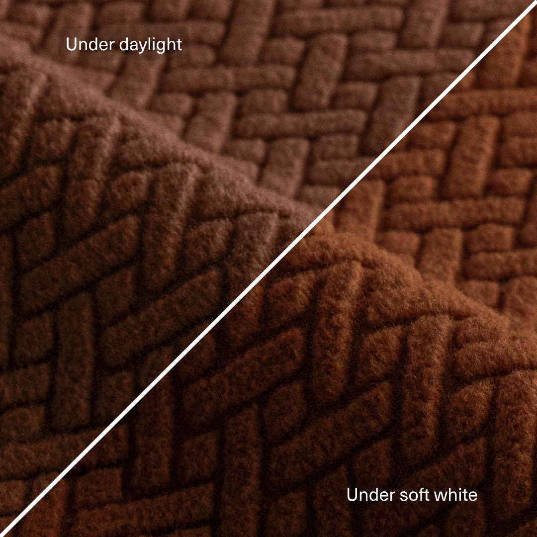 Magic Sofa Swatch in Classic pattern, Cinnamon Brown, shown under daylight and soft white light