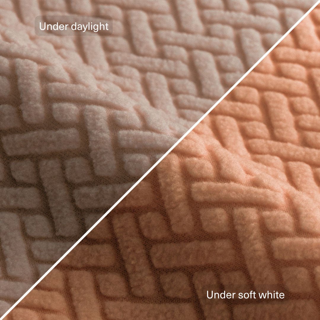 Magic Sofa Swatch in Classic pattern, Ivory Beige, shown under daylight and soft white light
