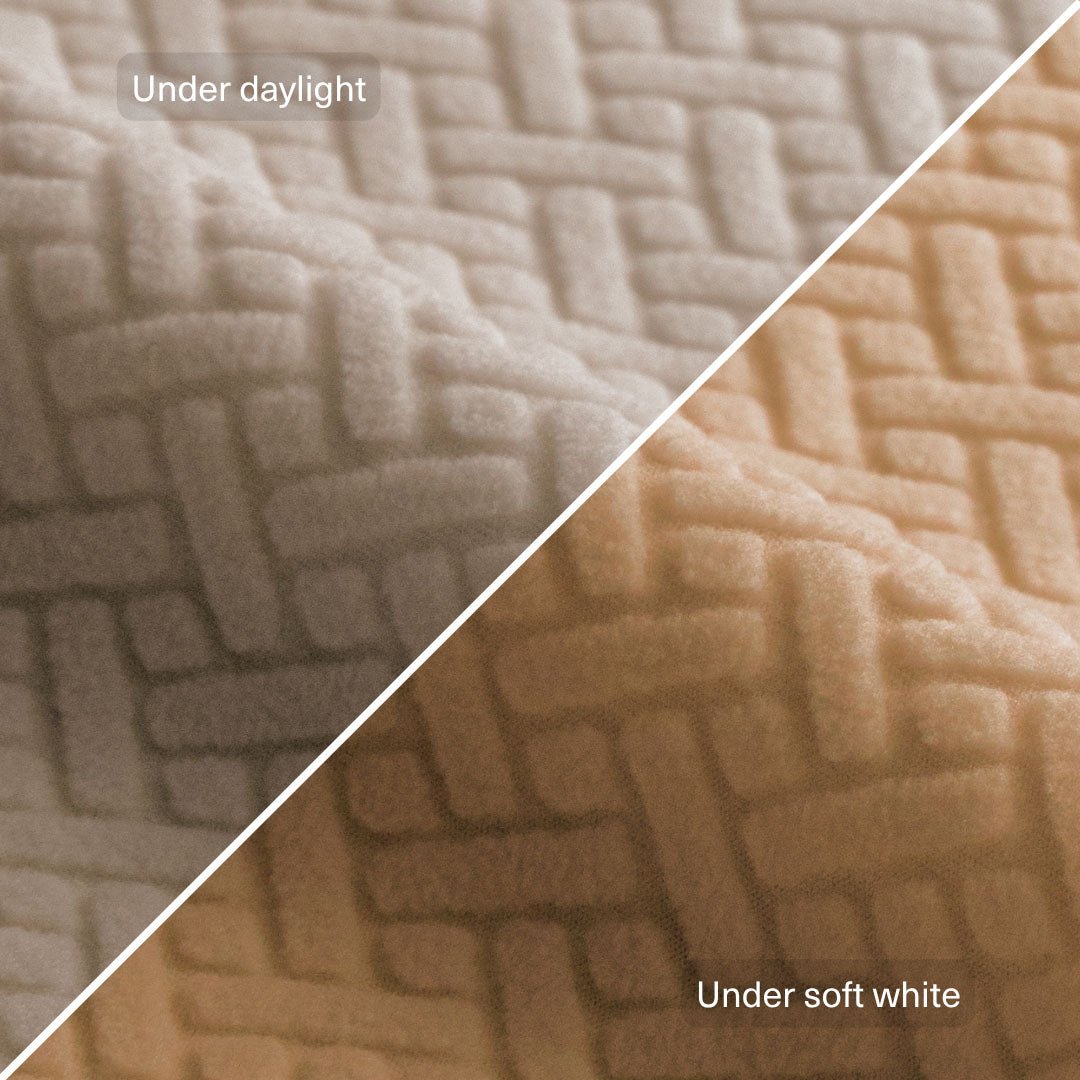 Classic pattern fabric swatch in Jade White shown under daylight and under soft white light